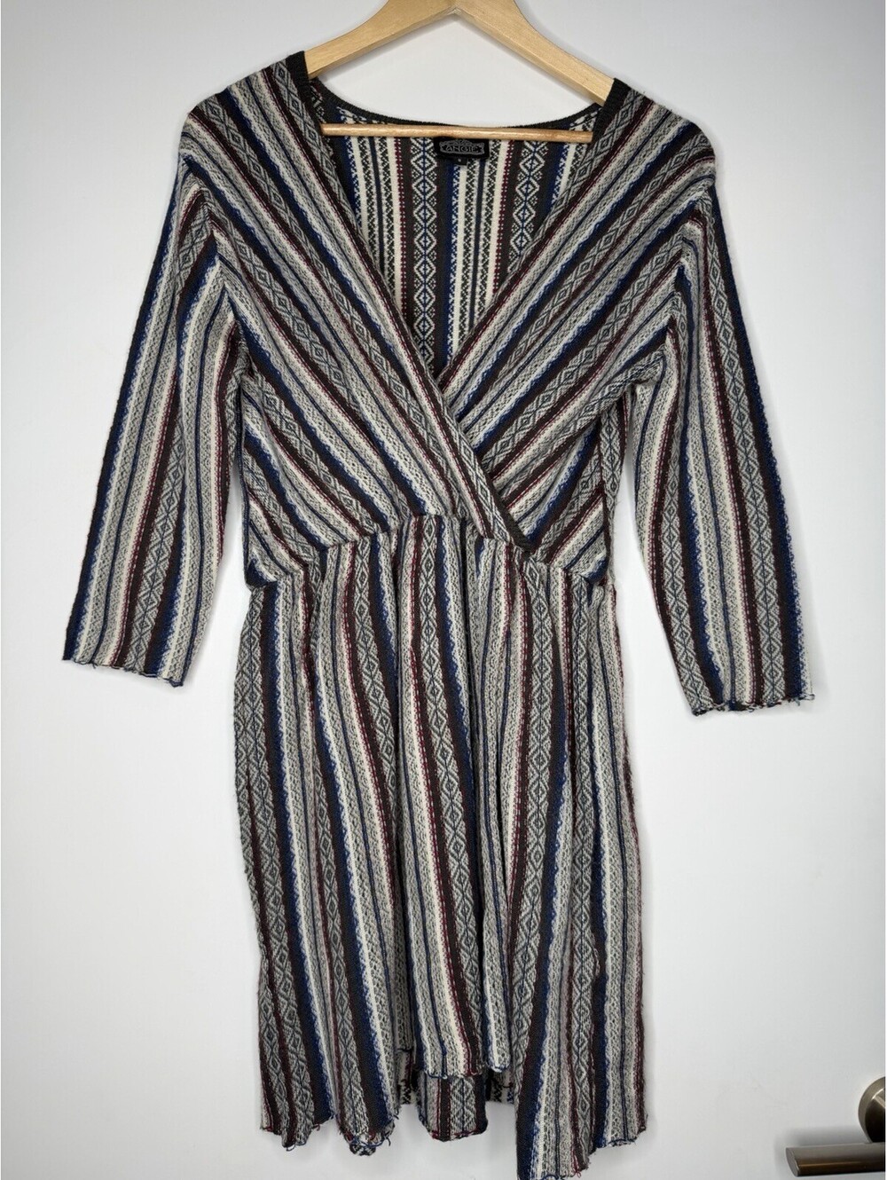 Angie Knit Sweater Wrap Front Dress Sz Small V-Neck 3/4 Sleeve Striped Mini